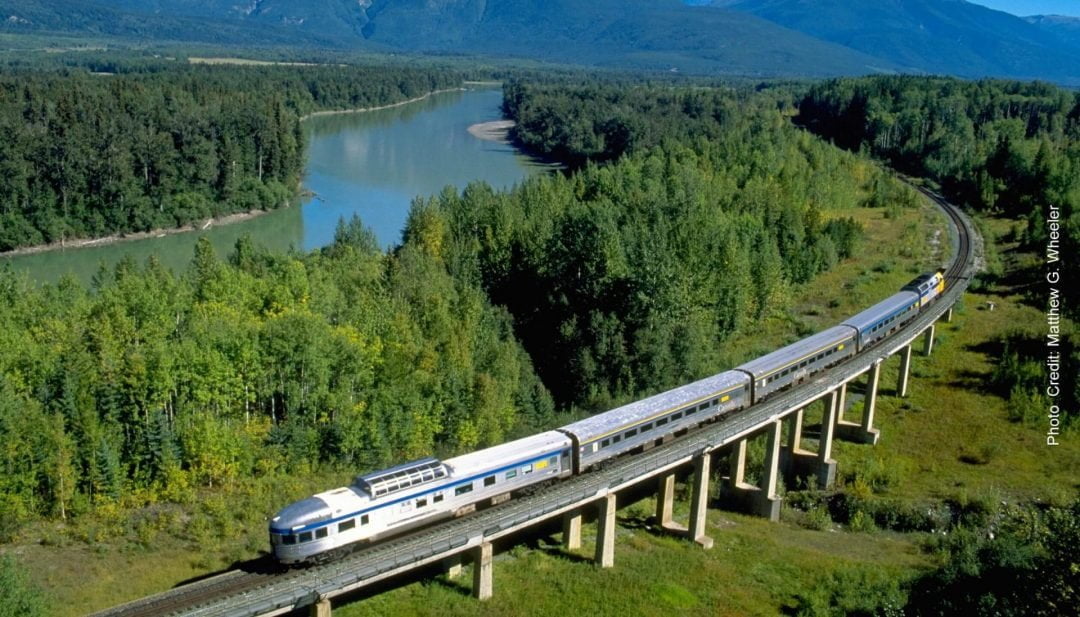 Via Rail Skeena Train on tracks along Skeena River BC Circle