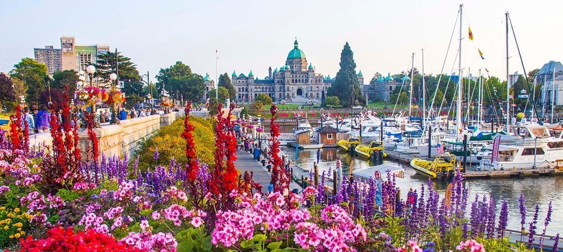 Victoria Legislature inner harbour with flowers Victoria Stay Awhile Pacific Rim Tofino
